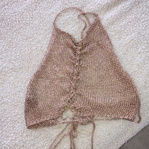 Knitted metallic halter top